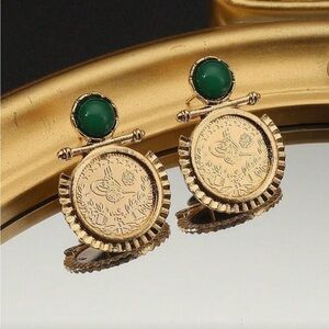 Luxe Vintage Gold Medallion Earrings with Emerald Accent